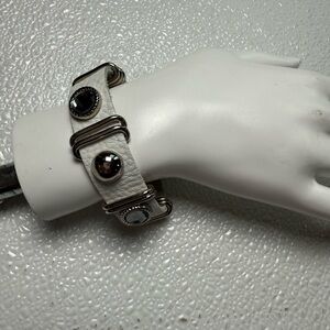 Natasha Couture White Adjustable Snap Leather Band and Silver Gem/Metal Bracelet